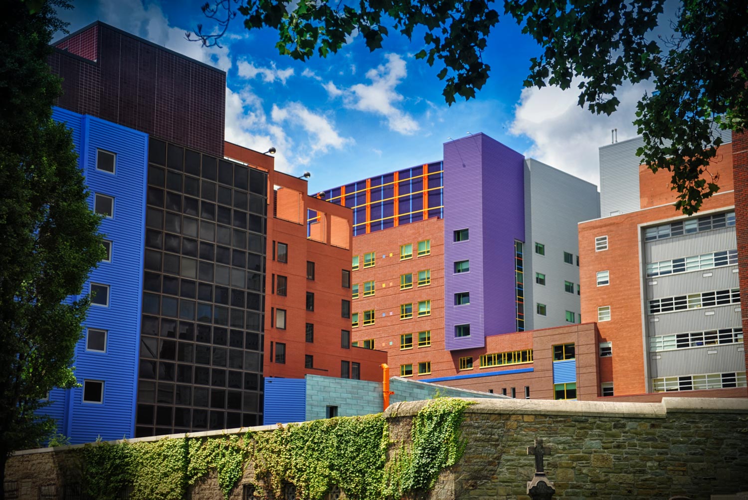 photo at Childrens Hospital accent color steel orange, blue, and pruple back of building