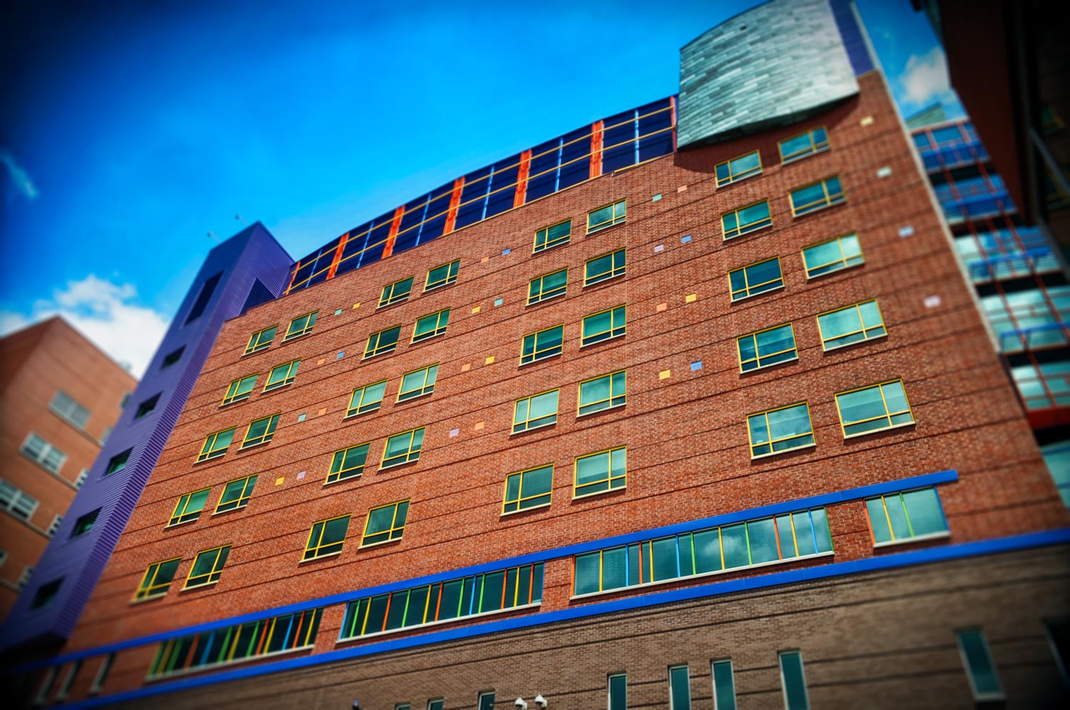 Orange, green, purple, and gray louvers photograph